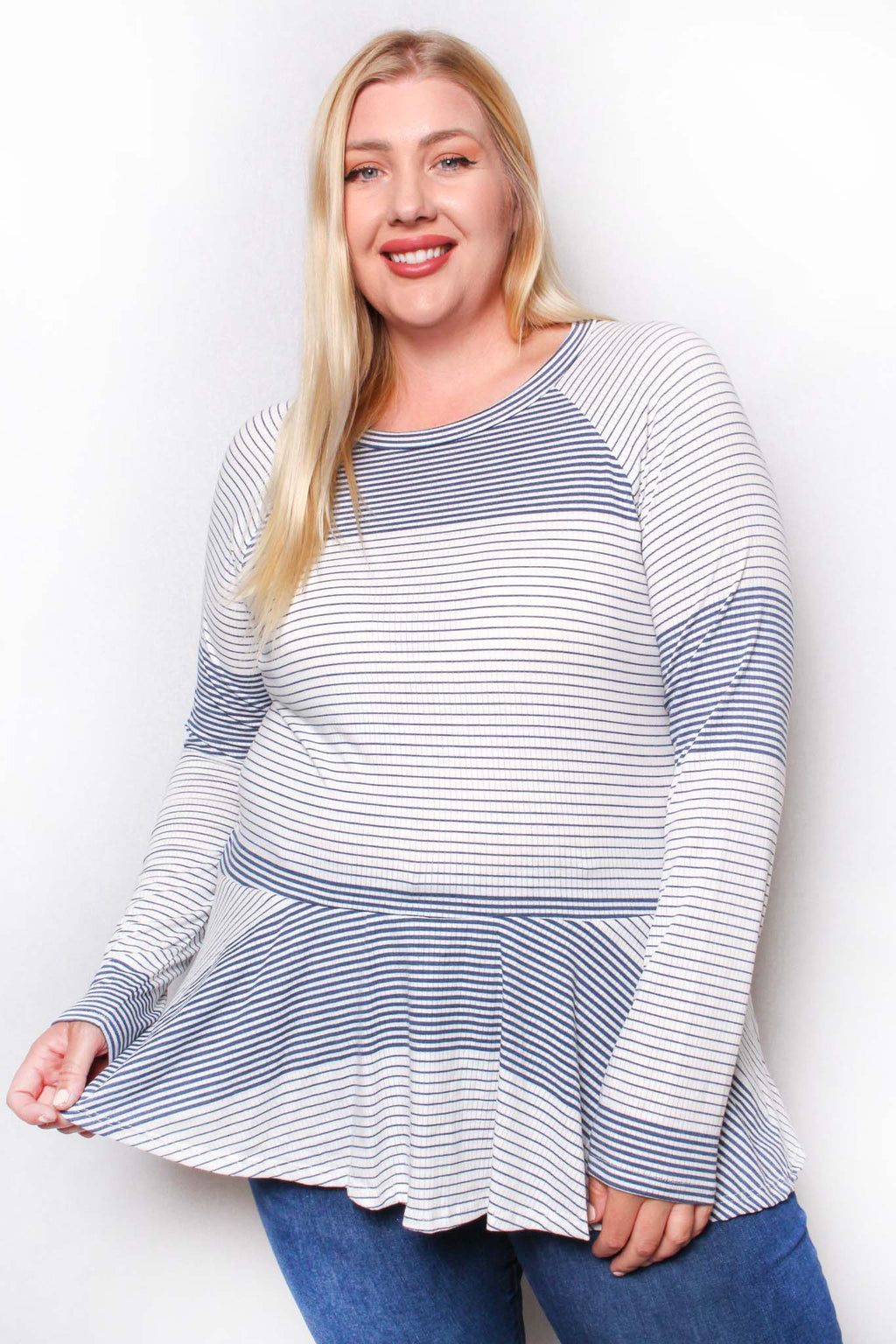 Women's Plus Long Sleeve Crew Neck Stripe Top