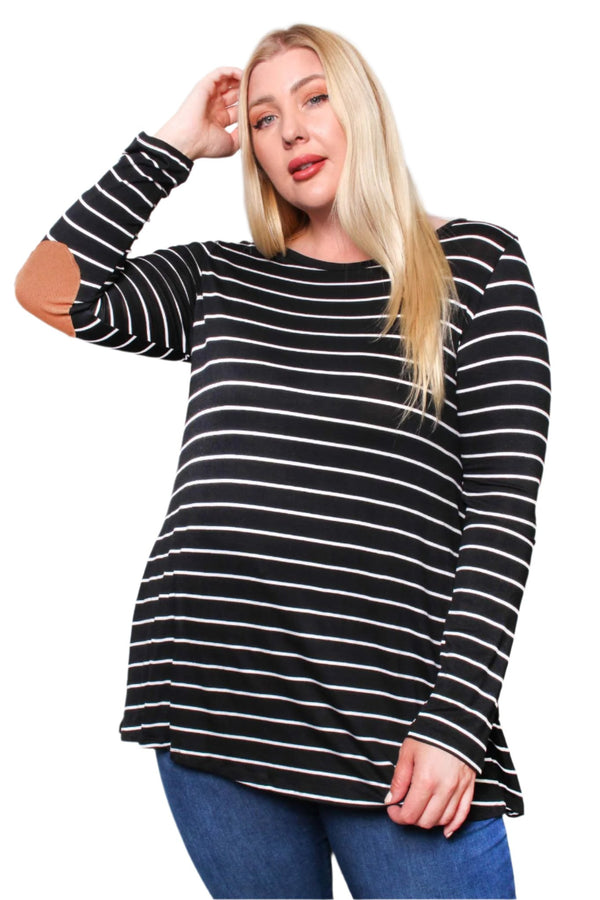 Women's Plus Long Sleeve Round Neck Striped Top