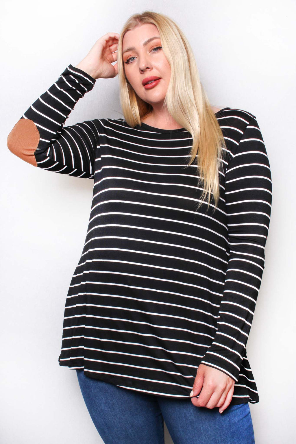 Women's Plus Long Sleeve Round Neck Striped Top