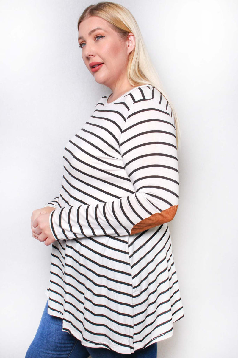 Women's Plus Long Sleeve Round Neck Striped Top