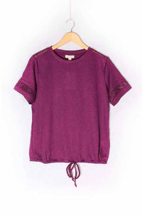 Women's Lace Short Sleeve Drawstring Hem Ribbed Top