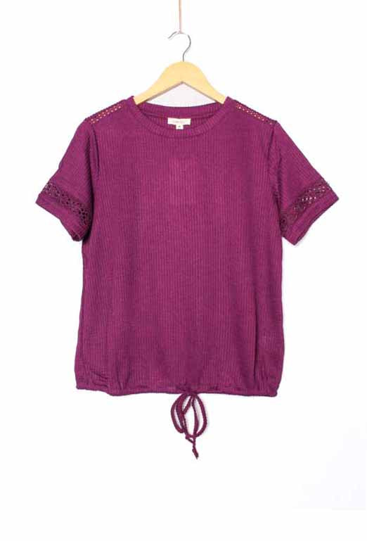 Women's Lace Short Sleeve Drawstring Hem Ribbed Top