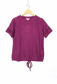 Women's Lace Short Sleeve Drawstring Hem Ribbed Top