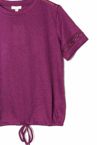 Women's Lace Short Sleeve Drawstring Hem Ribbed Top