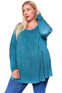 Women's Plus Long Sleeve Cold Shoulder Crochet Round Neck Solid Top