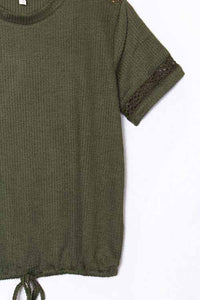Women's Lace Short Sleeve Drawstring Hem Ribbed Top