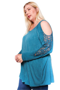 Women's Plus Long Sleeve Cold Shoulder Crochet Round Neck Solid Top