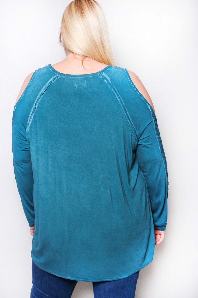 Women's Plus Long Sleeve Cold Shoulder Crochet Round Neck Solid Top
