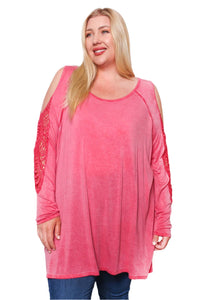 Women's Plus Long Sleeve Cold Shoulder Crochet Round Neck Solid Top