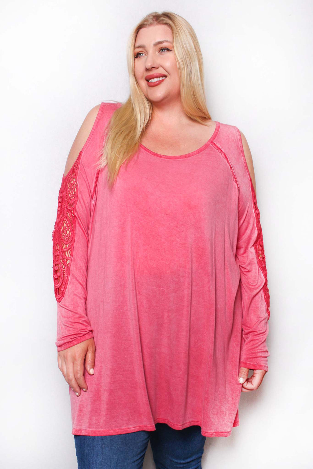 Women's Plus Long Sleeve Cutout Lace Round Neck Solid Top