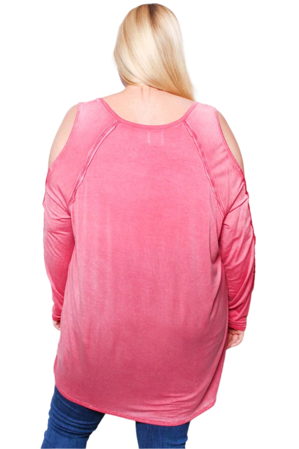 Women's Plus Long Sleeve Cold Shoulder Crochet Round Neck Solid Top