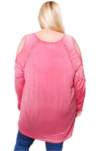 Women's Plus Long Sleeve Cold Shoulder Crochet Round Neck Solid Top