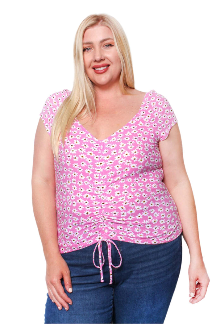 Women's Plus Short Sleeve Drawstring Floral Print Top