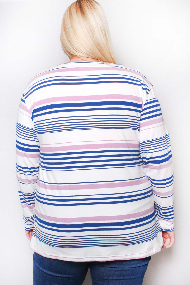 Women's Plus Long Sleeve V Neck Striped Top