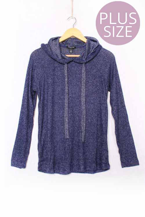 Women's Plus Long Sleeve Ribbed Hoodie Pullover Sweater