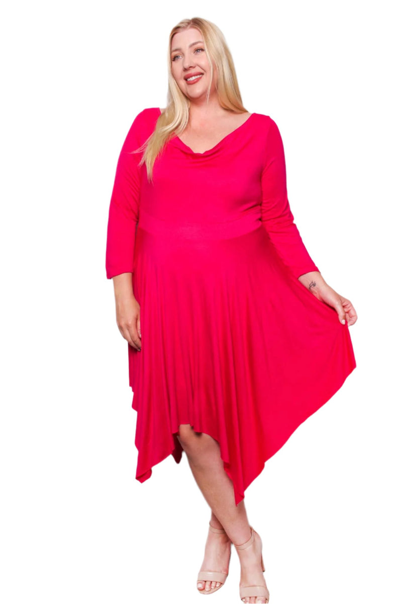 Women's Plus Long Sleeve Scoop Neck Hi Low Ruffle Hem Midi Dress