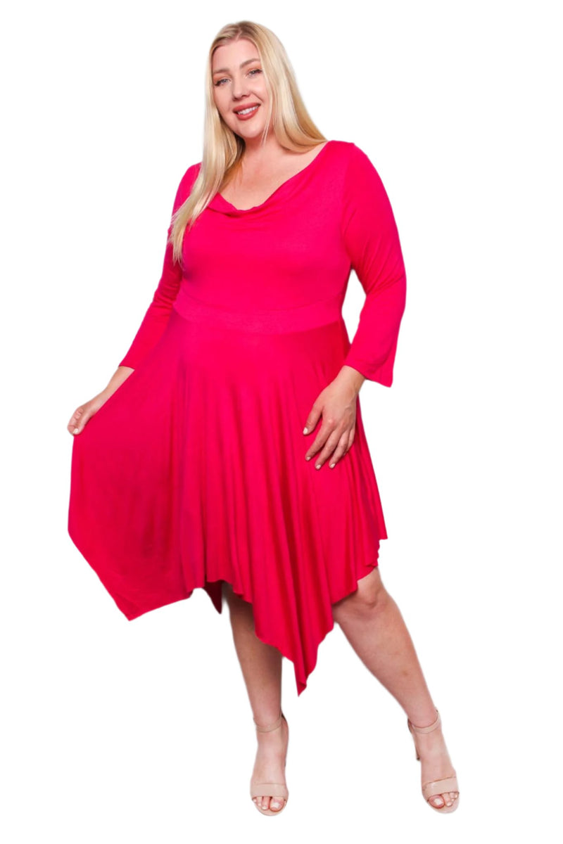 Women's Plus Long Sleeve Scoop Neck Hi Low Ruffle Hem Midi Dress