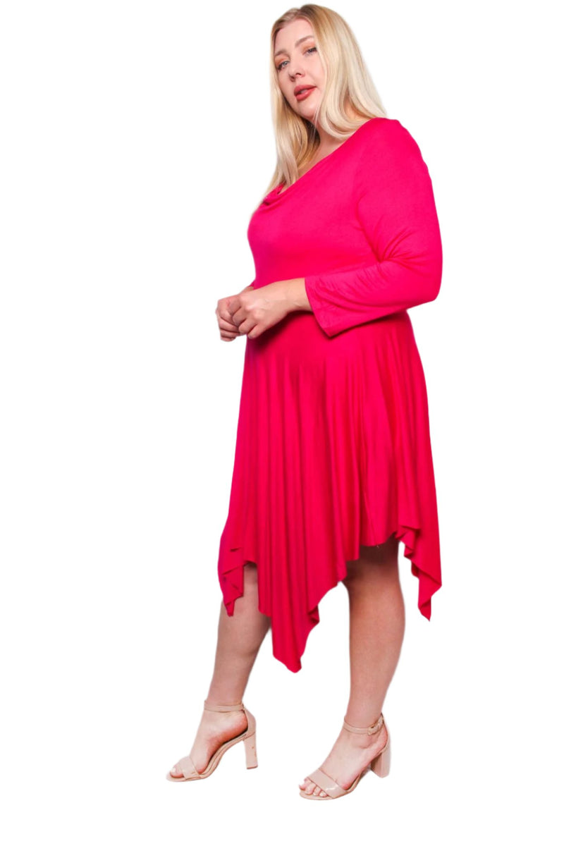 Women's Plus Long Sleeve Scoop Neck Hi Low Ruffle Hem Midi Dress