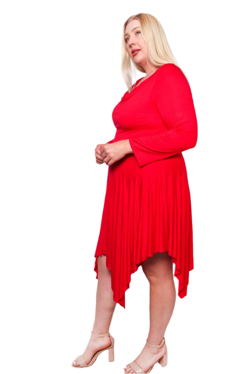 Women's Plus Long Sleeve Scoop Neck Hi Low Ruffe Hem Midi Dress