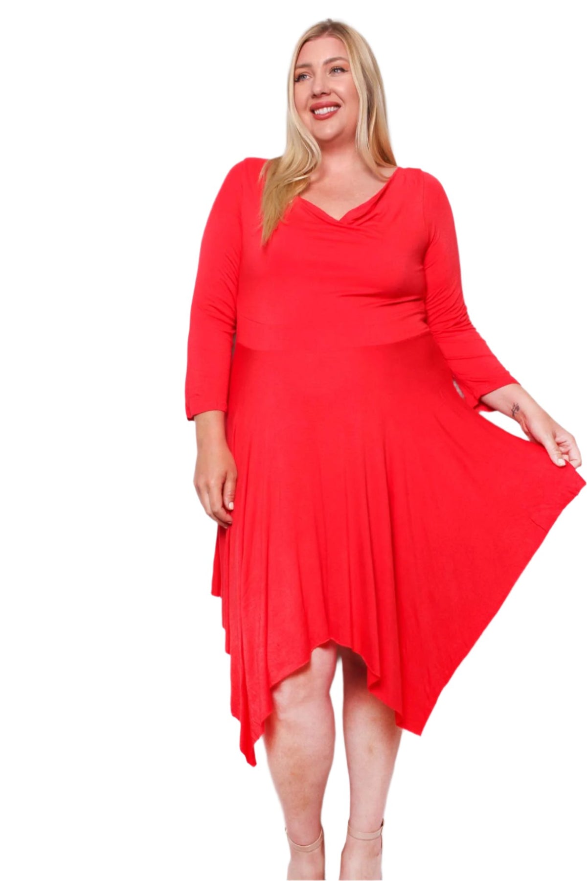 Women's Plus Long Sleeve Cowl Neck Hi Low Ruffle Hem Midi Dress