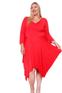 Women's Plus Long Sleeve Cowl Neck Hi Low Ruffle Hem Midi Dress