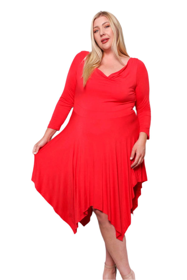 Women's Plus Long Sleeve Cowl Neck Hi Low Ruffle Hem Midi Dress