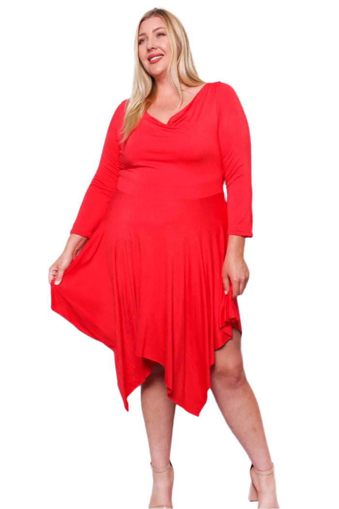 Women's Plus Long Sleeve Cowl Neck Hi Low Ruffle Hem Midi Dress