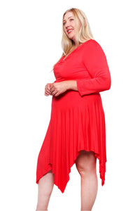 Women's Plus Long Sleeve Cowl Neck Hi Low Ruffle Hem Midi Dress