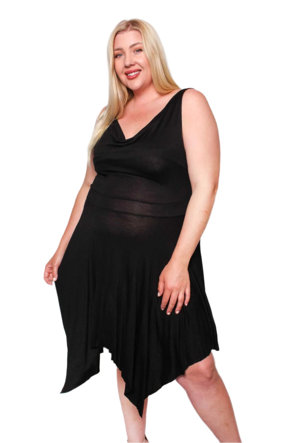 Women's Plus Sleeveless V Neck Hi Low Ruffle Hem Midi Dress