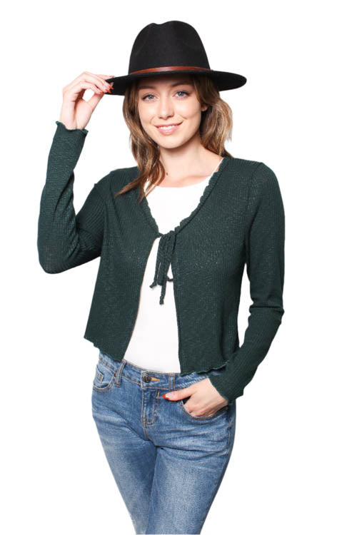 Women's Ribbed Tie Front Long Sleeves Cropped Cardigan