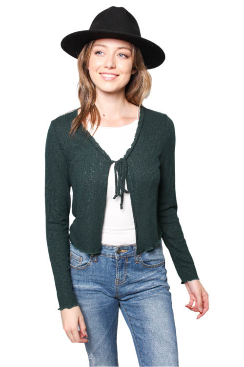 Women's Ribbed Tie Front Long Sleeves Cropped Cardigan