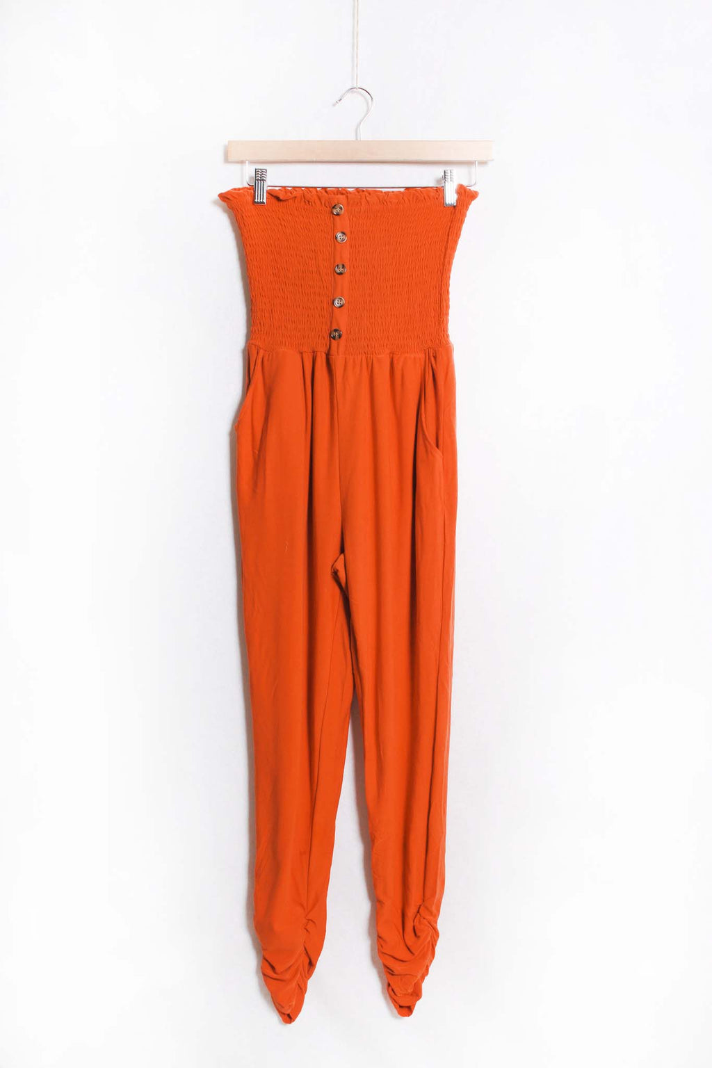 Women's Tube Smocked Button Front Pocket Jumpsuit