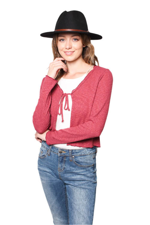 Women's Ribbed Tie Front Long Sleeves Cropped Cardigan