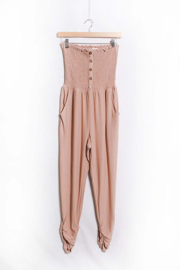 Women's Tube Smocked Button Front Pocket Jumpsuit