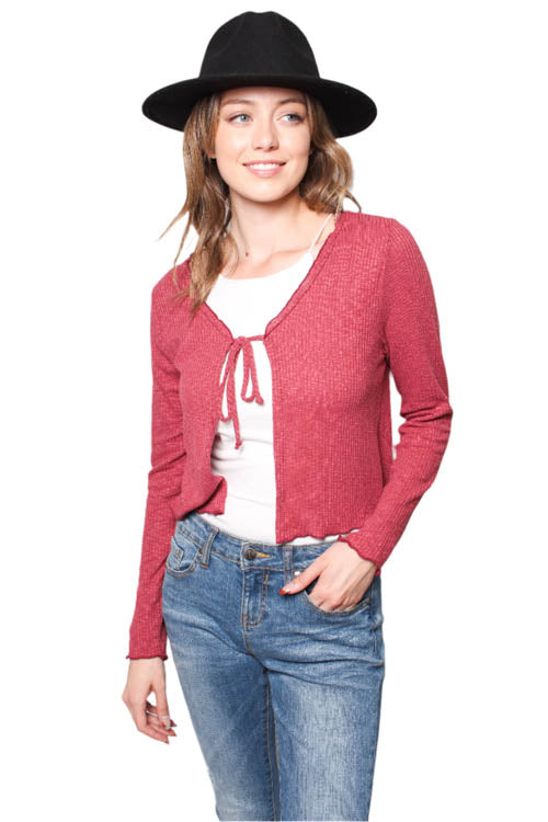 Women's Ribbed Tie Front Long Sleeves Cropped Cardigan