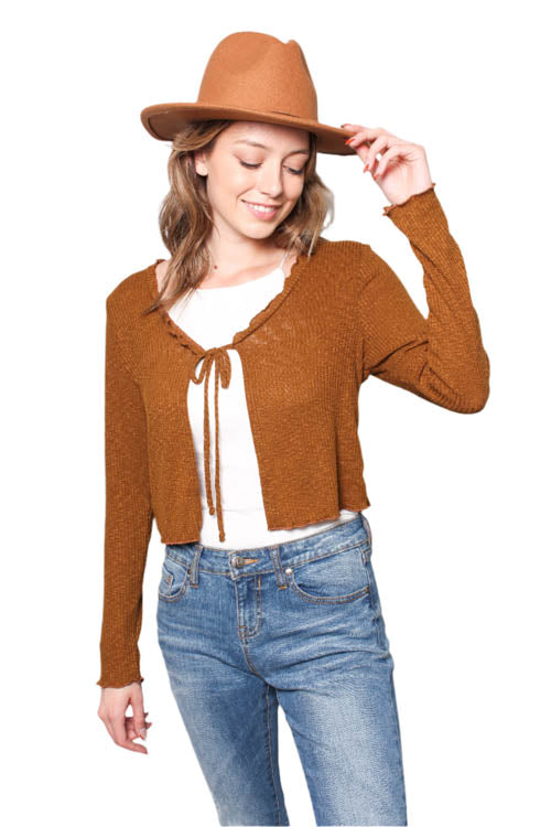 Women's Ribbed Tie Front Long Sleeves Cropped Cardigan