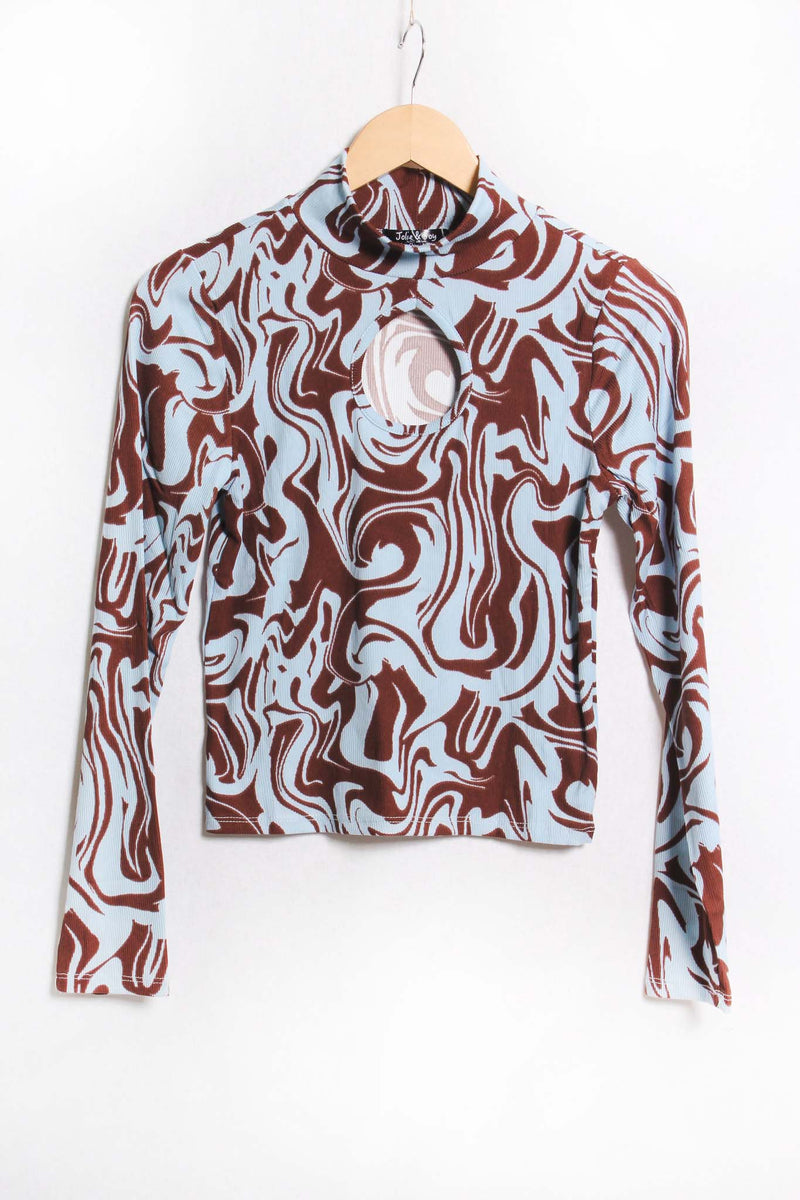 Women's Long Sleeve High Neck Cutout Chest Printed Top