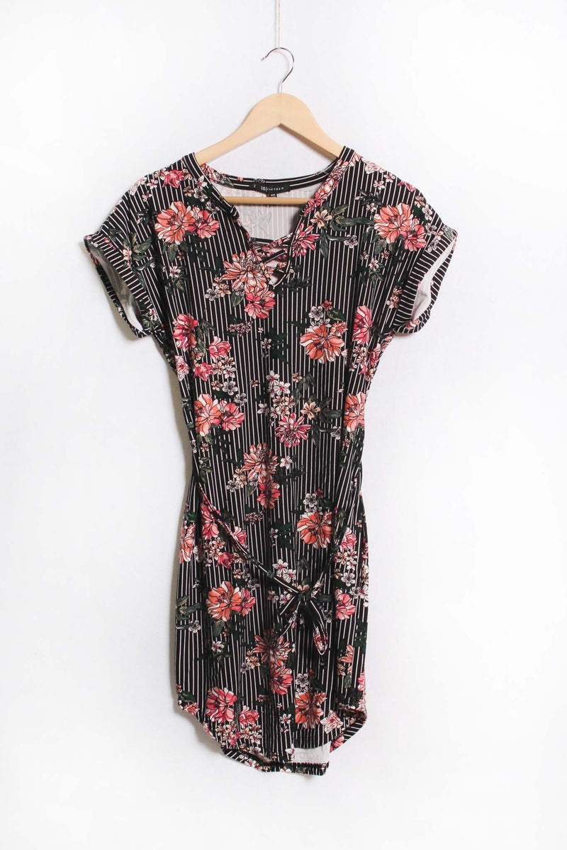 Women's Short Sleeve V Neck Floral Print Striped Mini Dress