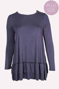 Women's Plus Long Sleeve Boat Neck Tiered Ruffle Hem Top
