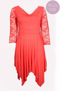 Women's Plus Lace Sleeve Cowl Neck Hi Low Ruffe Hem Midi Dress