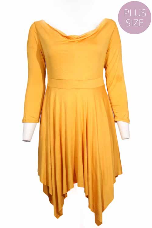 Women's Plus Long Sleeve Cowl Neck Hi Low Ruffle Hem Midi Dress