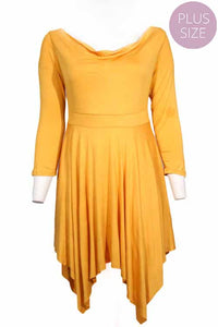 Women's Plus Long Sleeve Cowl Neck Hi Low Ruffle Hem Midi Dress