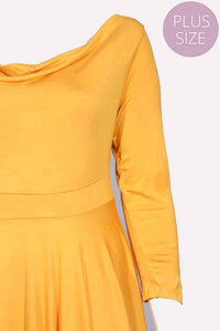 Women's Plus Long Sleeve Cowl Neck Hi Low Ruffle Hem Midi Dress
