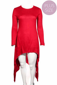 Women's Plus Long Sleeve Round Neck Hi Low Hem Midi Dress