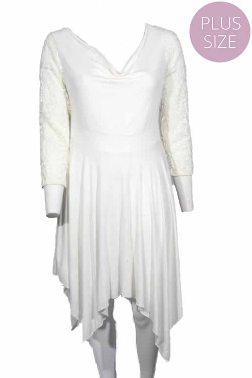 Women's Plus Lace Sleeve Cowl Neck Hi Low Ruffe Hem Midi Dress
