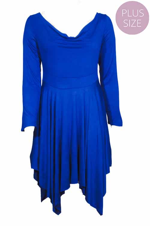 Women's Plus Long Sleeve Cowl Neck Hi Low Ruffle Hem Midi Dress