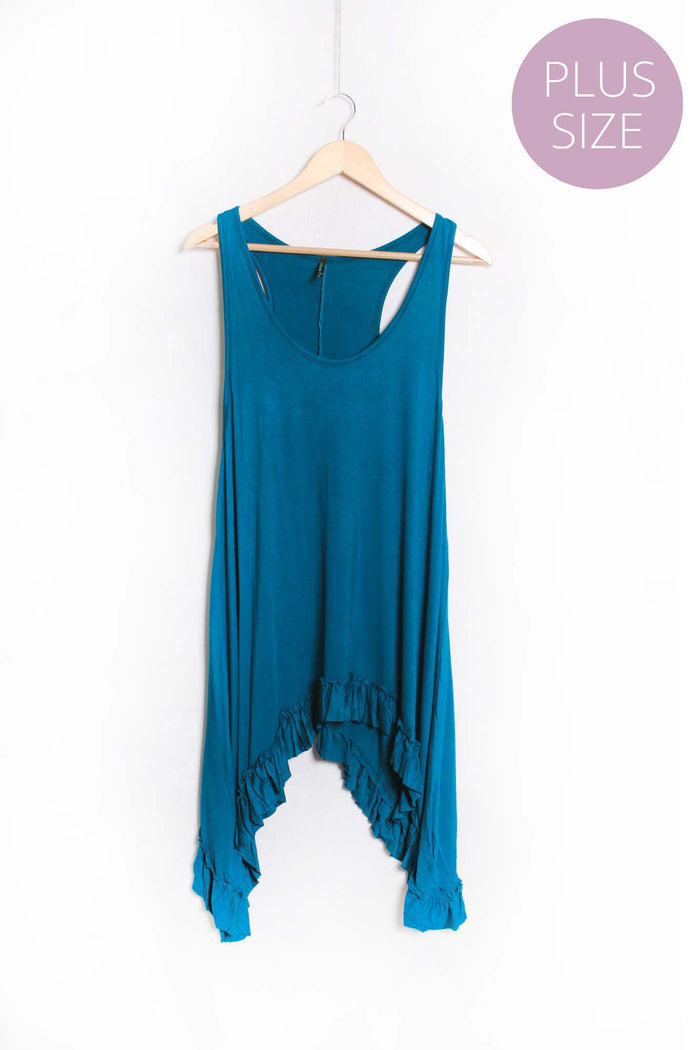 Women's Plus Sleeveless Scoop Neck Ruffle Hem Solid Top