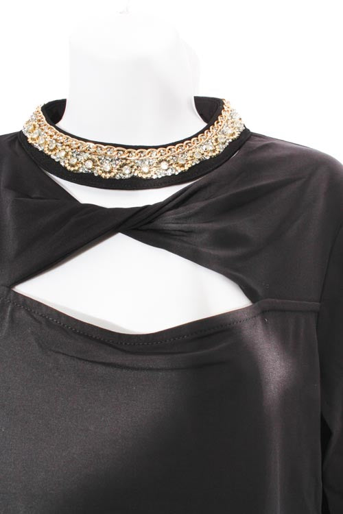 Women's Long Sleeve Twisted Keyhole Embellished Mock Neck Top