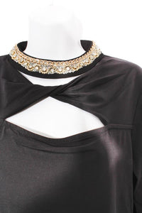 Women's Long Sleeve Twisted Keyhole Embellished Mock Neck Top