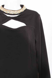 Women's Long Sleeve Twisted Keyhole Embellished Mock Neck Top